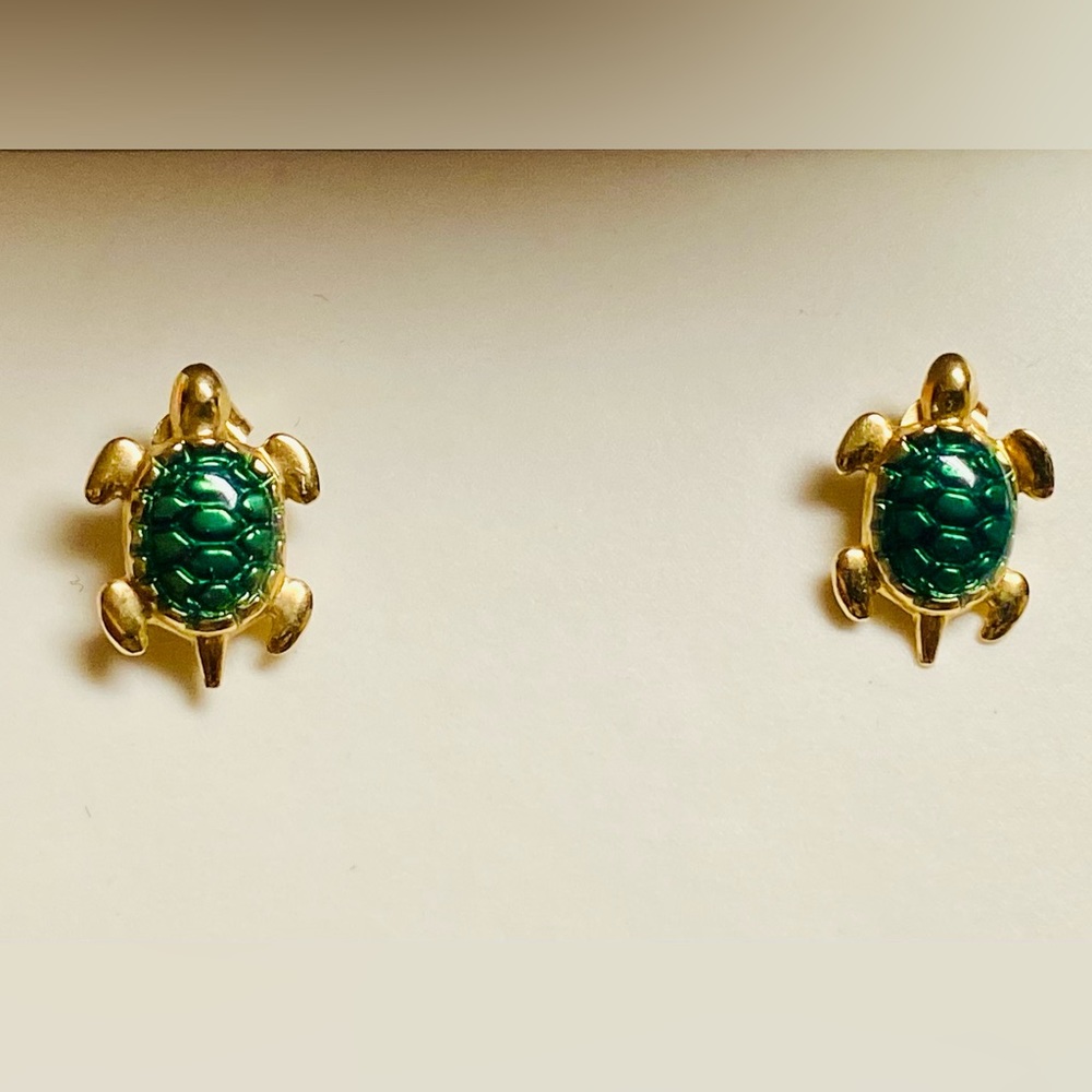 14K Enameled Green Turtle Earrings
